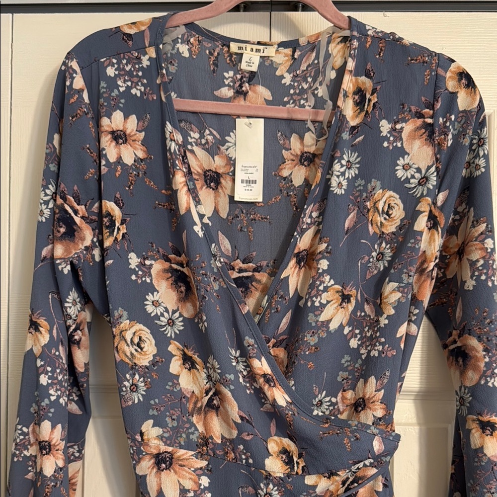 Floral Wrap Dress in Blue Floral L Miami Brand with Francescas Boutique